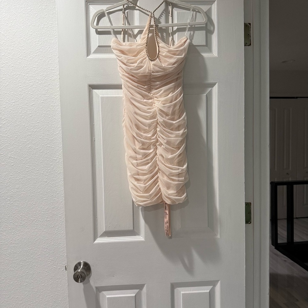 Oh Polly Cream Strapless Ruched Dress